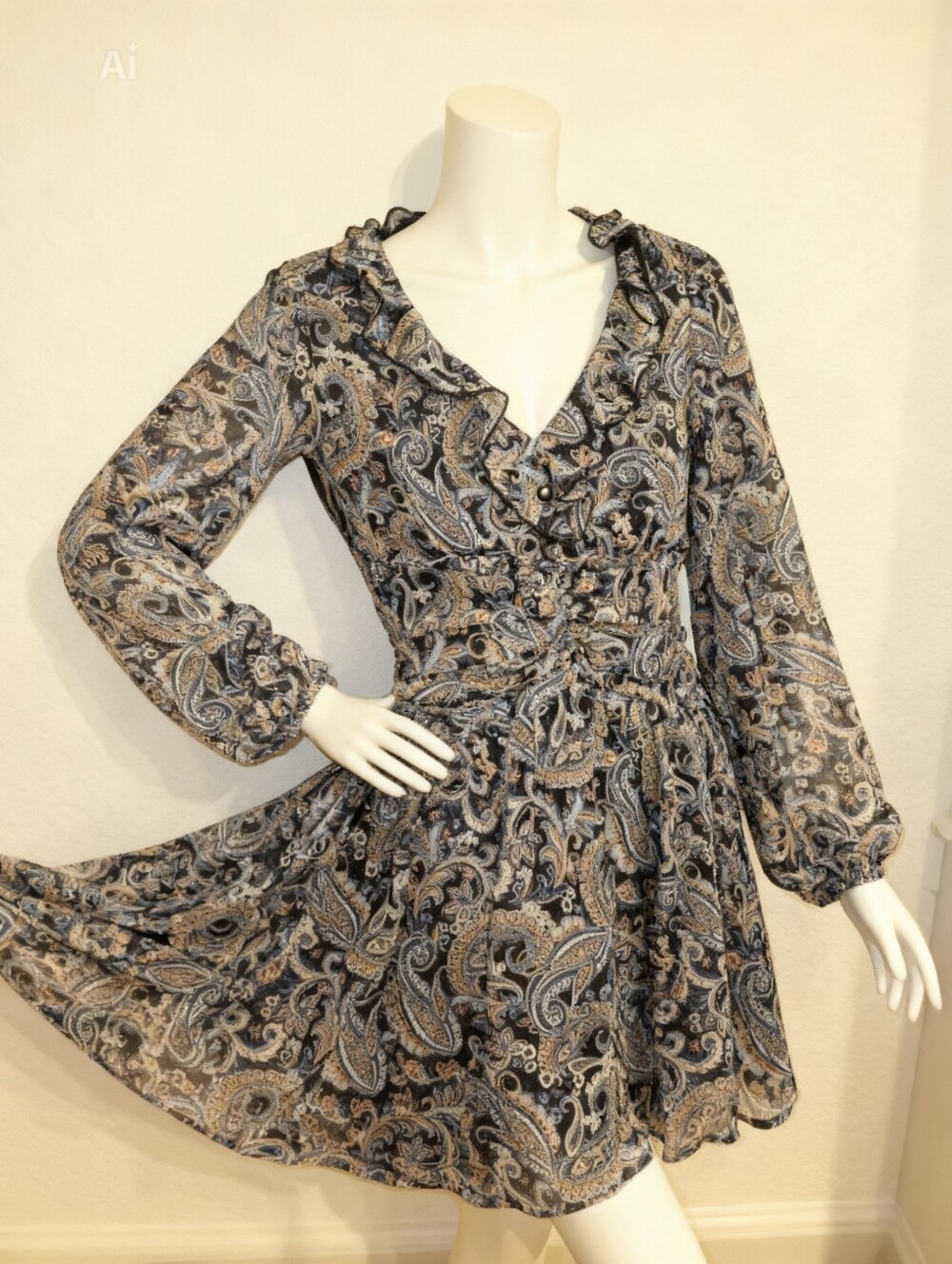 NWT City Studios Paisley V-Neck Long Sleeve Dress in Navy and Light Blue